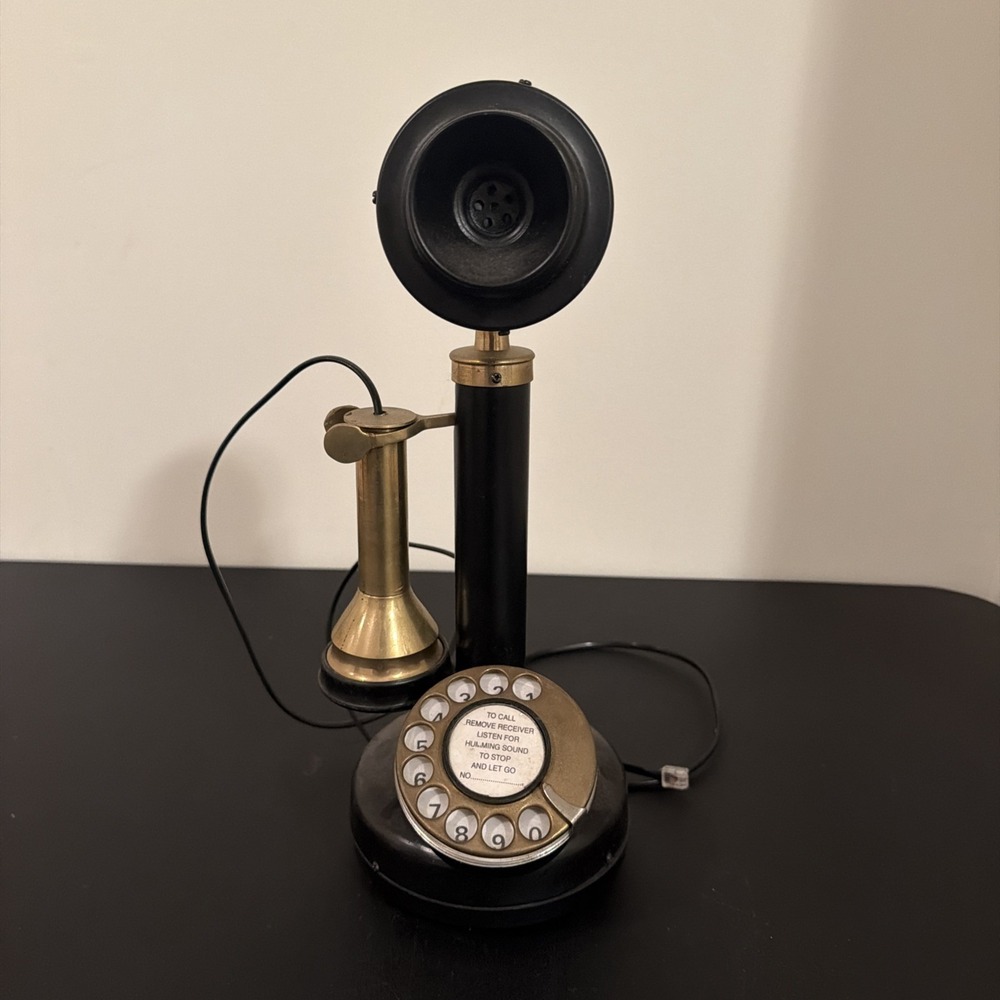 Vintage antique-style brass and black candlestick Telephone Analog Only Retro